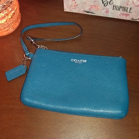 Coach Bags Coach Saffiano Leather Wristlet In Teal Poshmark